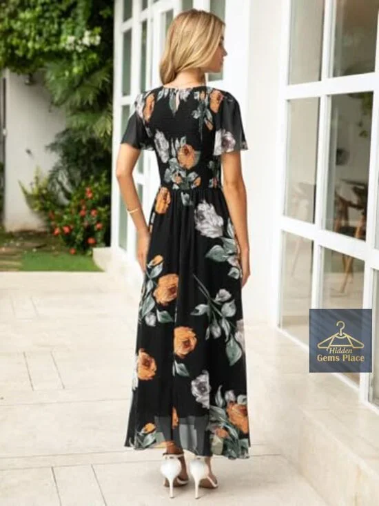 Flowy Chiffon Maxi Dress Smocked Top Flutter Sleeve Summer Boho - Picture 5 of 7